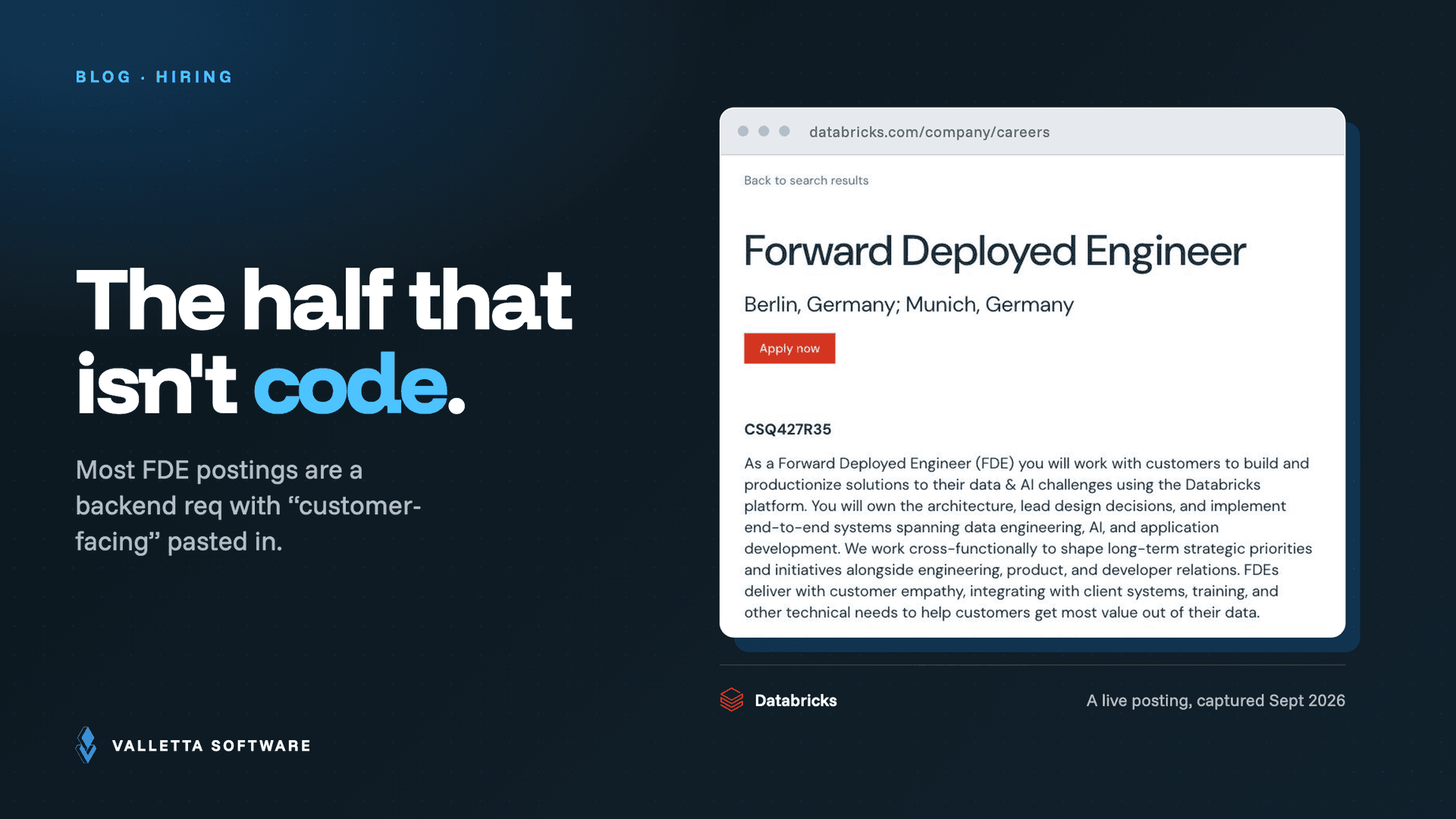 Cover: a live Databricks forward deployed engineer job posting beside the headline The half that isn't code