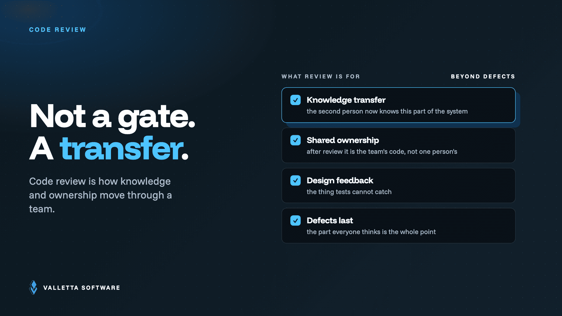 What code review is really for: knowledge transfer, shared ownership, design feedback, and defects last