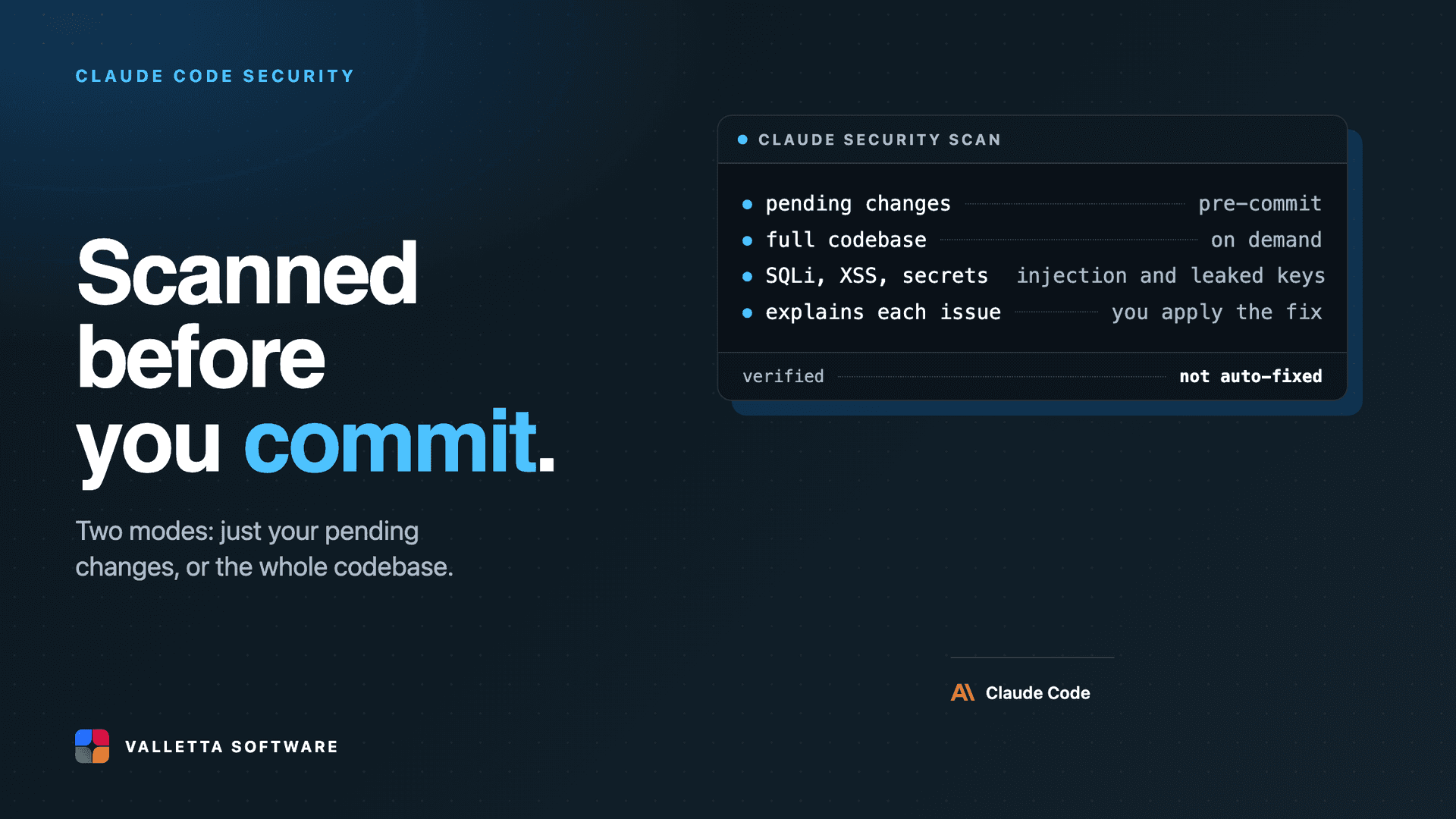 Claude Code security scan in two modes: pending changes before a commit or a full codebase pass, flagging injection, XSS and leaked secrets