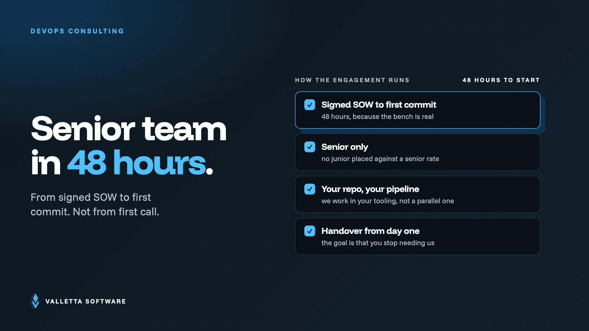How a DevOps consulting engagement runs: 48 hours from signed SOW to first commit, senior only, in your repo and pipeline
