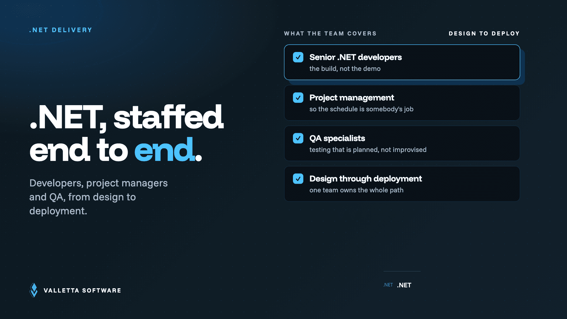 A .NET delivery team covering developers, project management and QA from design through deployment