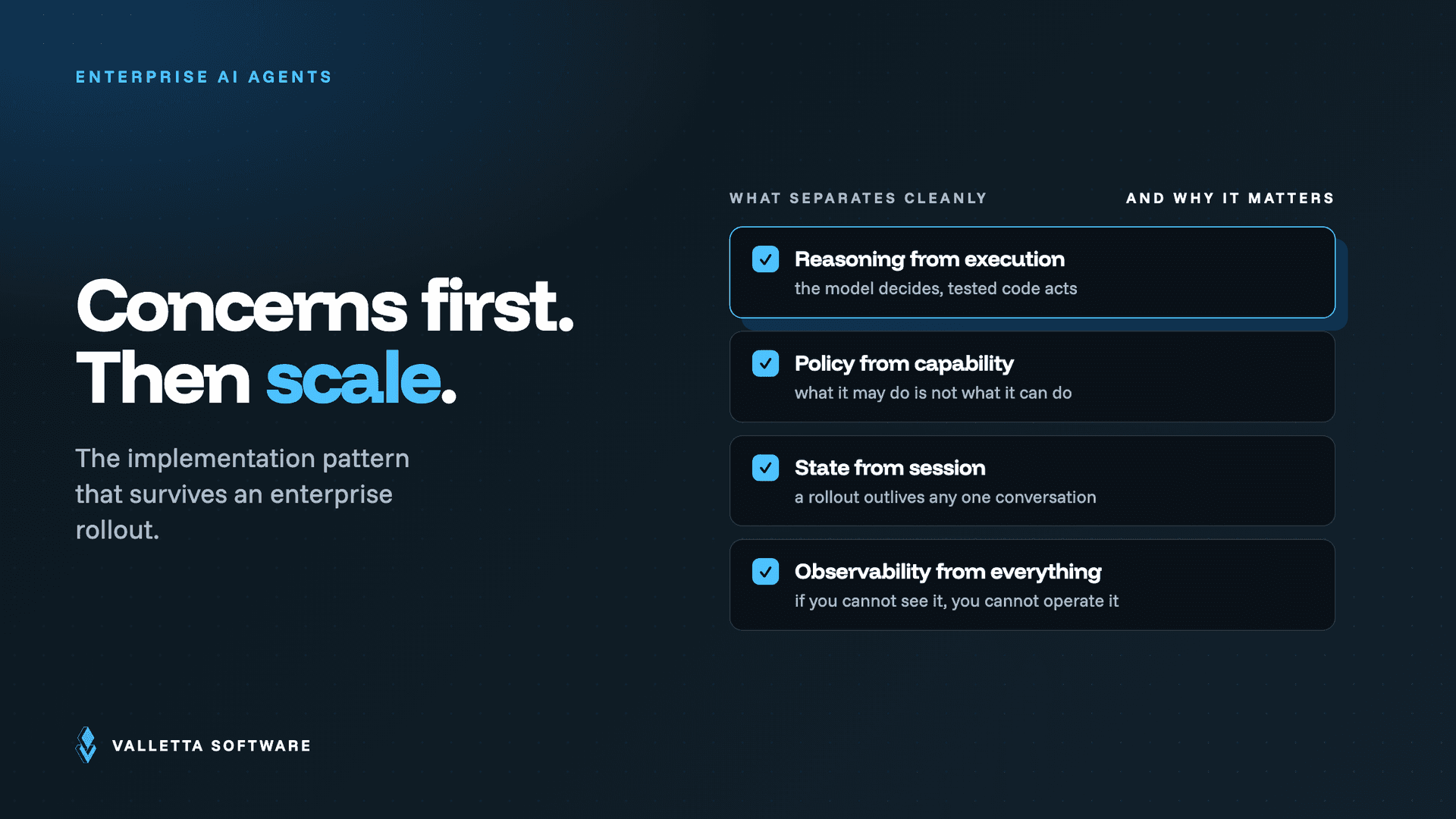 What separates cleanly in an enterprise AI agent: reasoning from execution, policy from capability, state from session, observability from everything