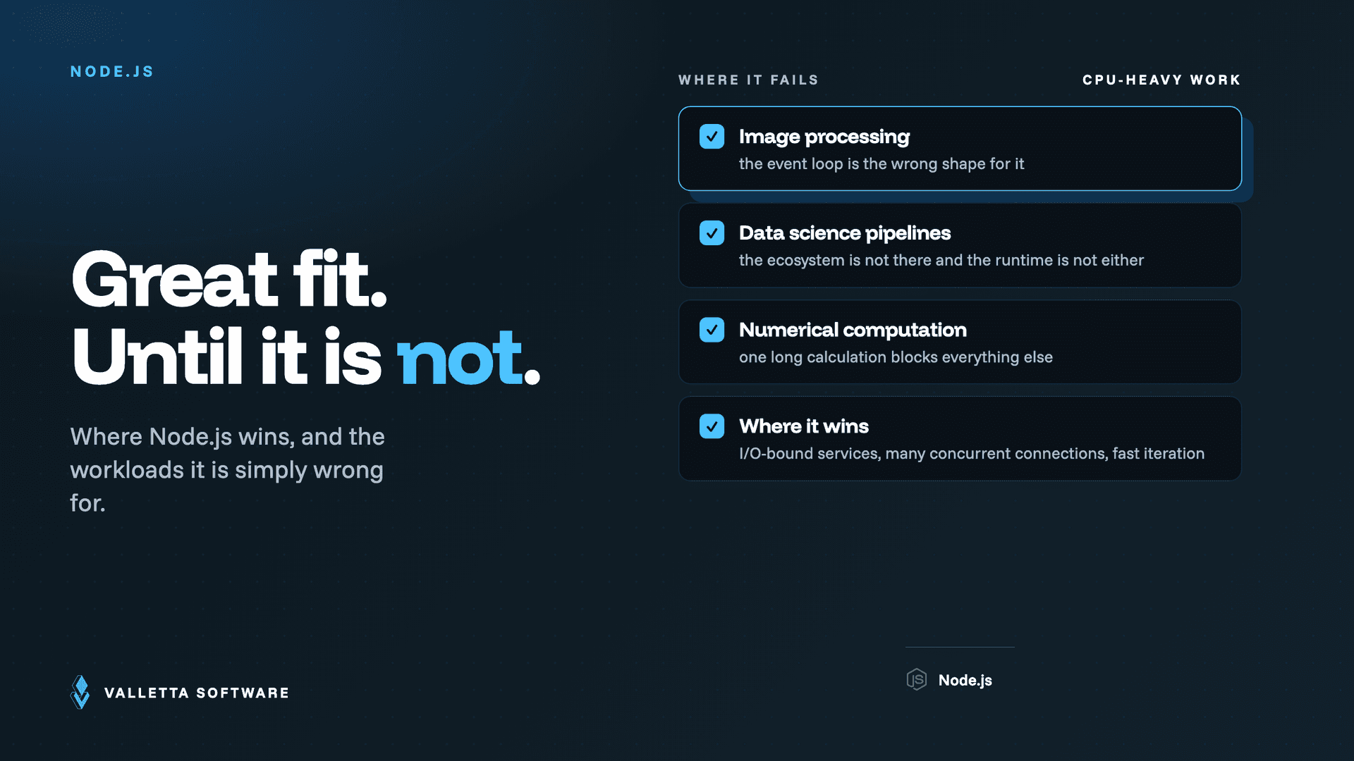 Where Node.js fails and where it wins: wrong for image processing, data pipelines and numerical work, right for I/O-bound services