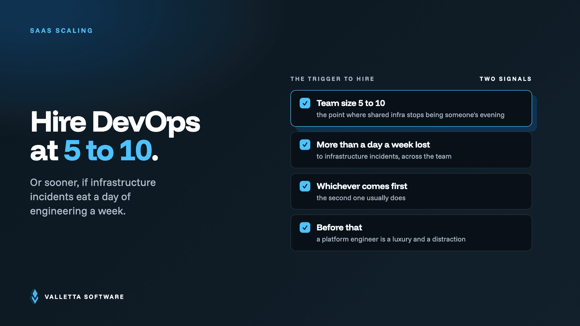 When to hire dedicated DevOps: at five to ten engineers, or sooner if infrastructure incidents cost a day of engineering a week