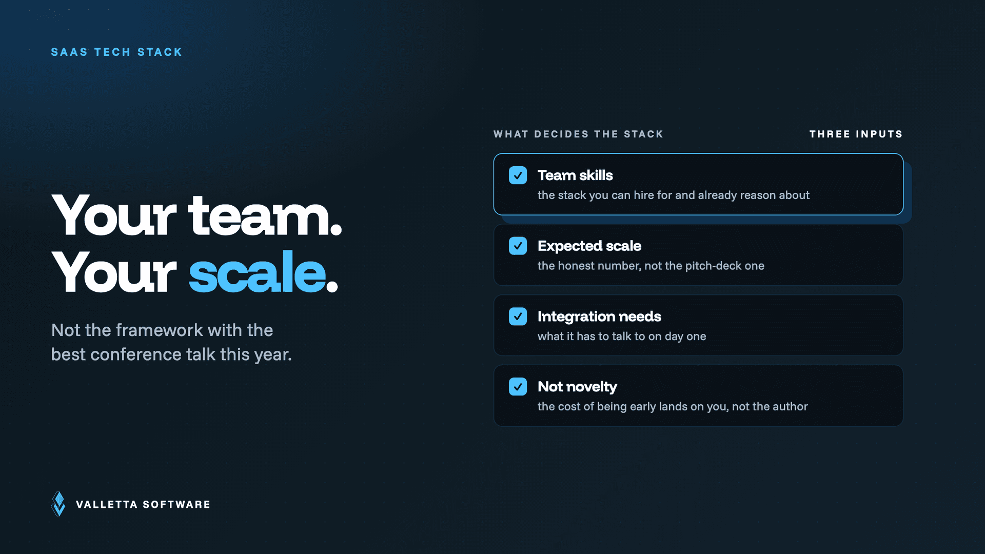 What decides a SaaS tech stack: team skills, expected scale and integration needs, not novelty