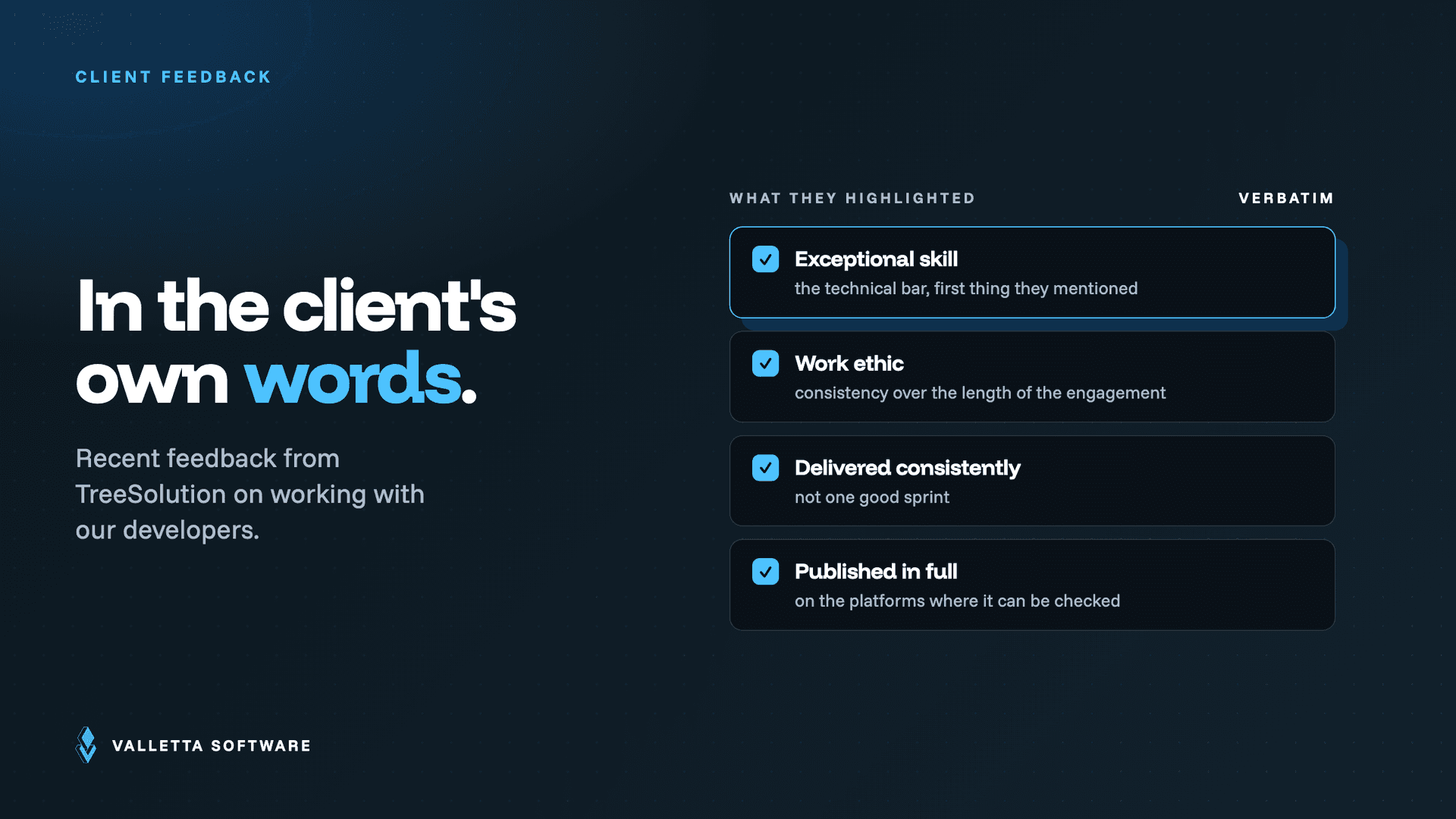 Client feedback from TreeSolution highlighting developer skill, work ethic and consistent delivery