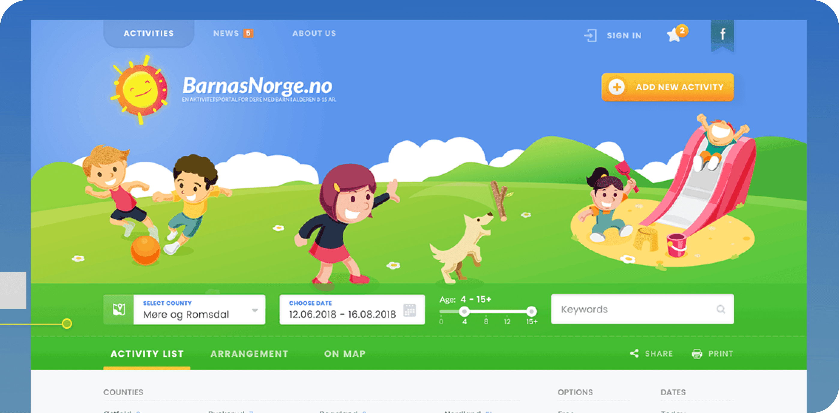 Web Service of Activities for Kids and Families No.1 in Norway